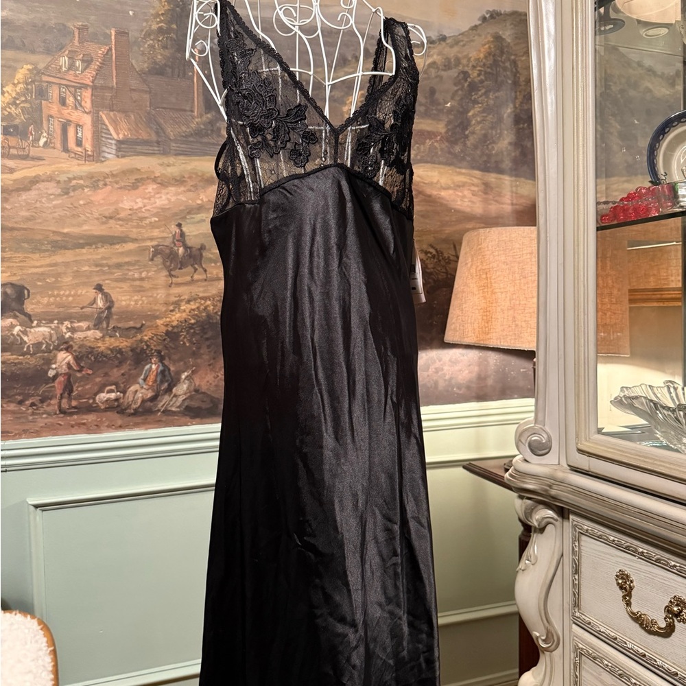 NWT Vintage Linea Donatella Black Satin Lace Slip Dress Lingerie Nightgown